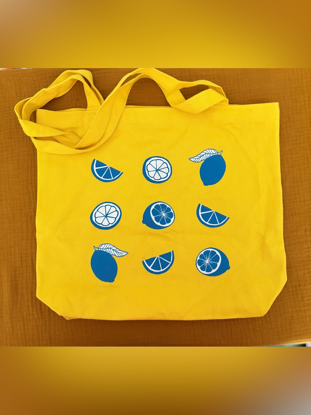 Yellow Lemon Print Canvas Tote Bag Blue Citrus Graphic Shoulder Bag